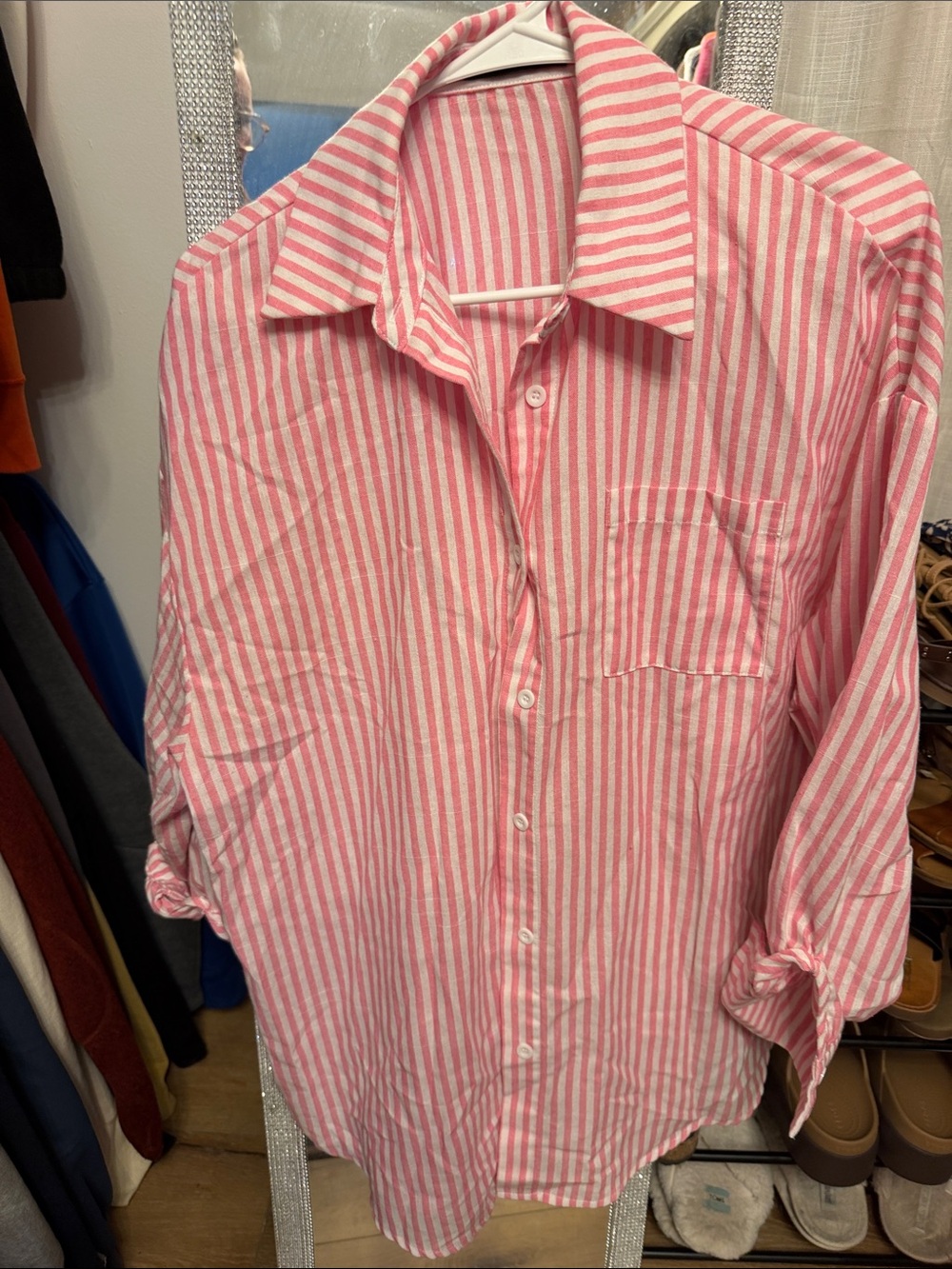 SHEIN Pink and White Striped Button-Up Shirt